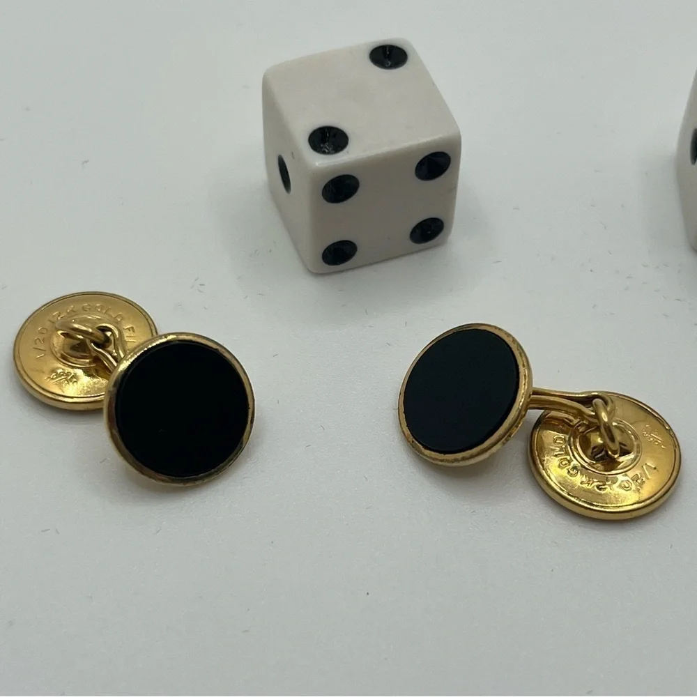 Gold and Black Round cufflinks marked 12k gold filled. Vintage 1950’s